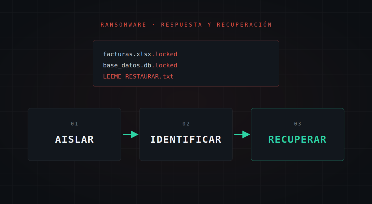 Archivos con extensión cifrada y nota de rescate de un ransomware, junto a las tres fases de respuesta: aislar, identificar y recuperar